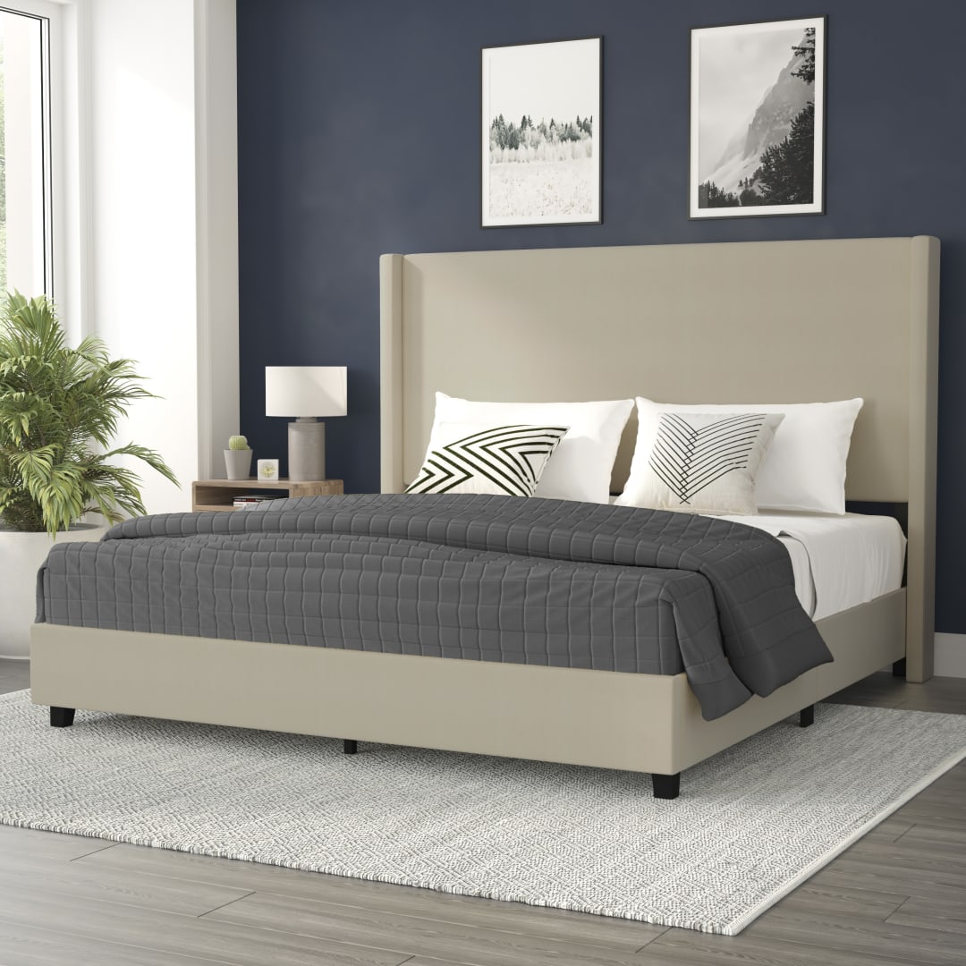Quinn King Upholstered Platform Bed with Channel Stitched Wingback Headboard, Mattress Foundation with Slatted Supports, No Box Spring Needed, Beige