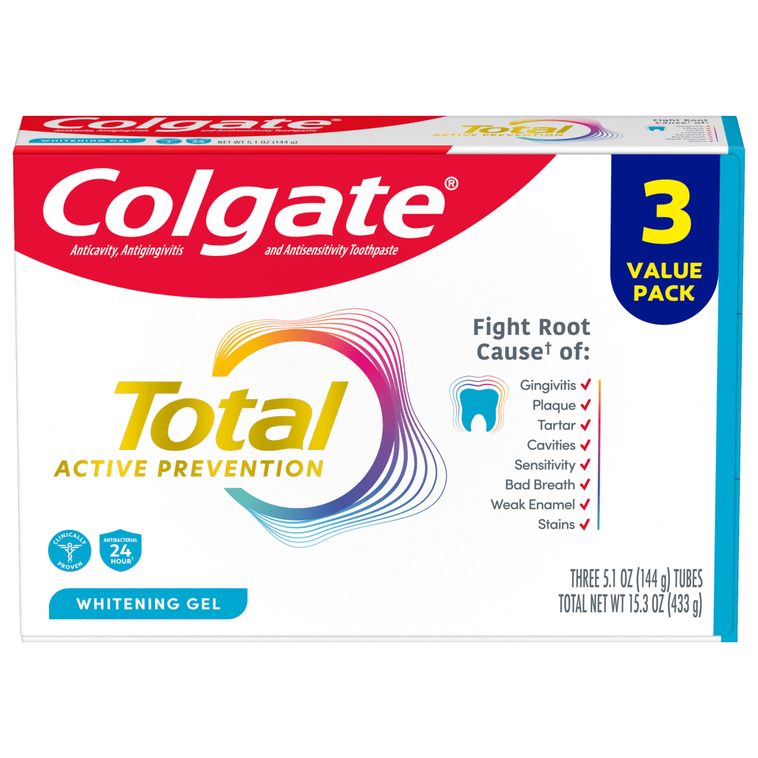 Colgate Total Active Prevention Whitening Gel Toothpaste, Mint, 3 Pack, 5.1 oz