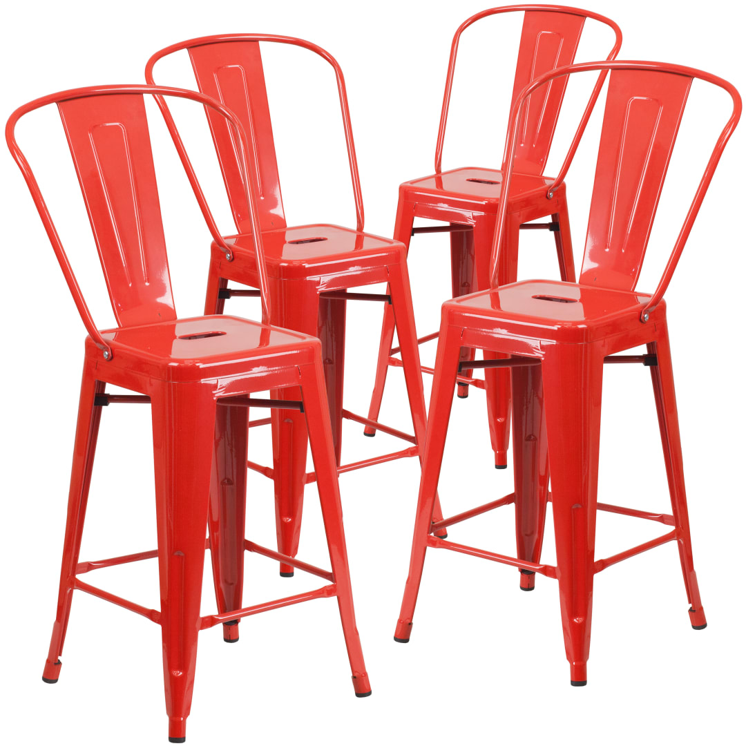 Lily Commercial Grade 4 Pack 24" High Red Metal Indoor-Outdoor Counter Height Stool with Removable Back