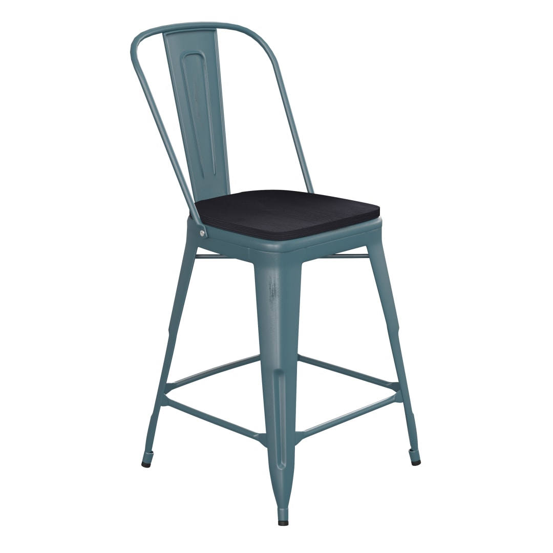 Carly Commercial Grade 24" High Kelly Blue-Teal Metal Indoor-Outdoor Counter Height Stool with Back with Black Poly Resin Wood Seat