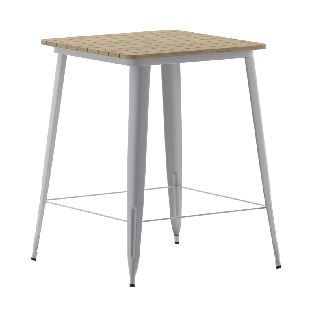 Declan Commercial Indoor/Outdoor Bar Top Table, 31.5" Square All Weather Brown Poly Resin Top with Silver Steel base