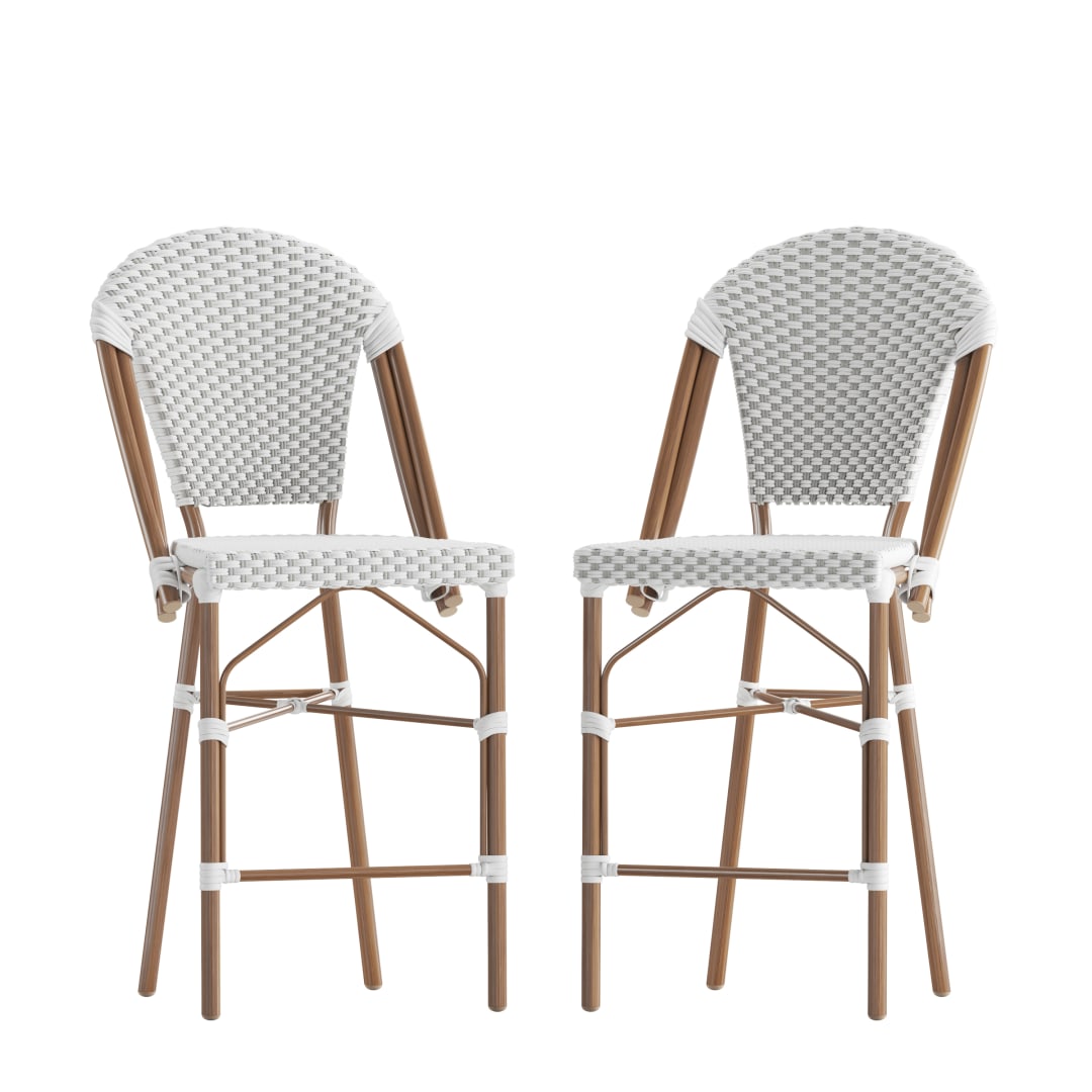 Lourdes Set of 2 Stackable Indoor/Outdoor Bistro 26" High Counter Height Stools, Commercial Grade, White/Gray and Bamboo Finish