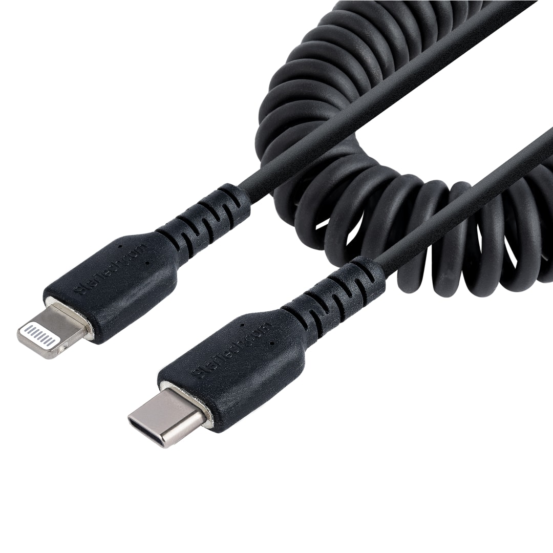 Rugged USB 2 0 C to Lightning cable 50cm Black Coiled