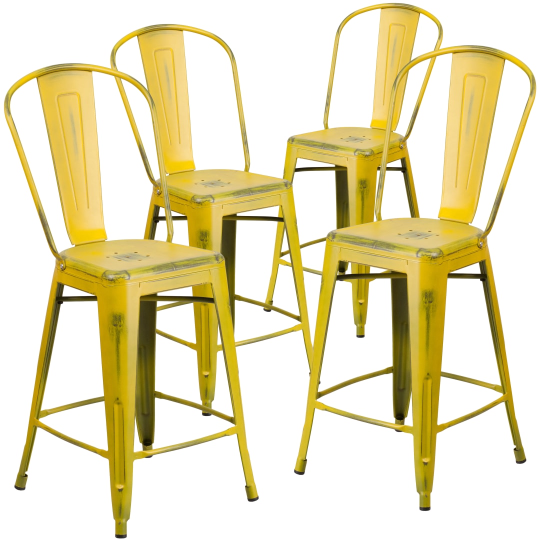 Blake Commercial Grade 4 Pack 24" High Distressed Yellow Metal Indoor-Outdoor Counter Height Stool with Back