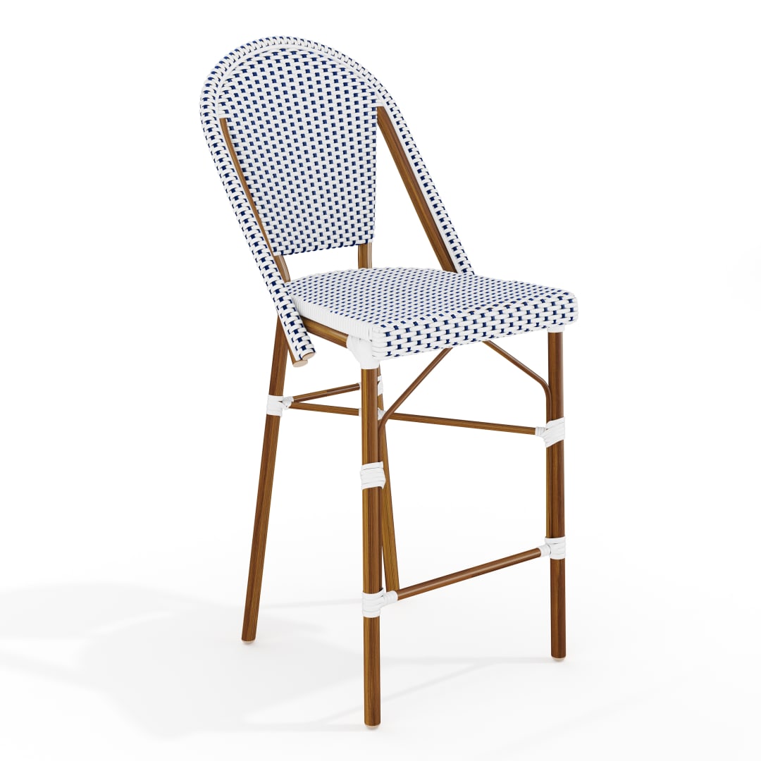 Lily Pond Indoor-Outdoor Stackable Bistro Counter Stool with Natural Woodgrain Aluminum Finish Frame and White/Navy Woven Rattan Back and Seat