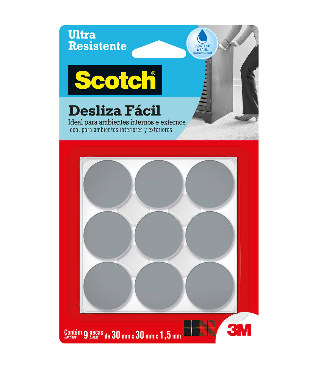 Protetor Ultraresistente Desliza Fácil 3M™ Scotch™ Redondo, Cinza, Médio, 9 Unidades