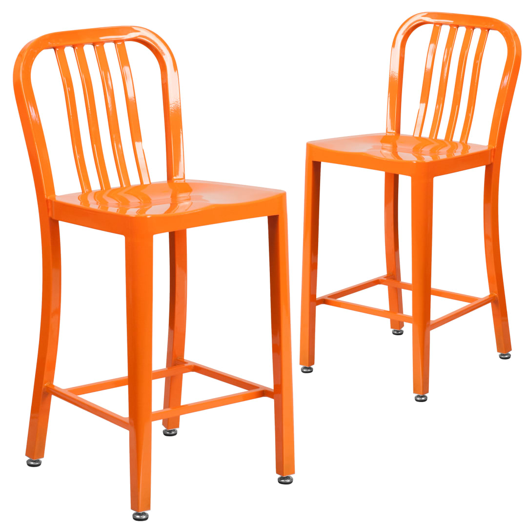 Gael Commercial Grade 2 Pack 24" High Orange Metal Indoor-Outdoor Counter Height Stool with Vertical Slat Back
