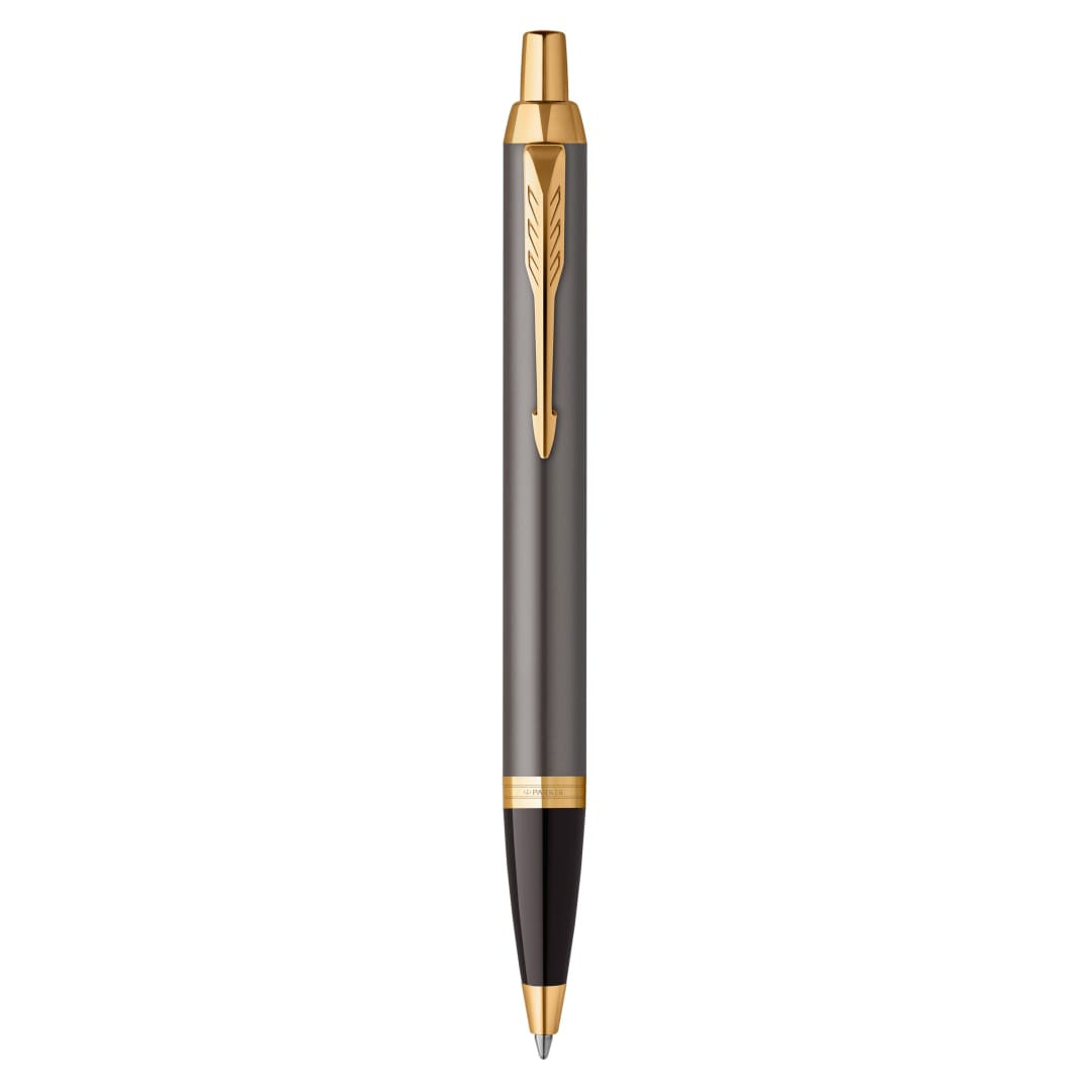 Parker IM Bolígrafo | lacado gris con adornos dorados | punta media | estuche de regalo