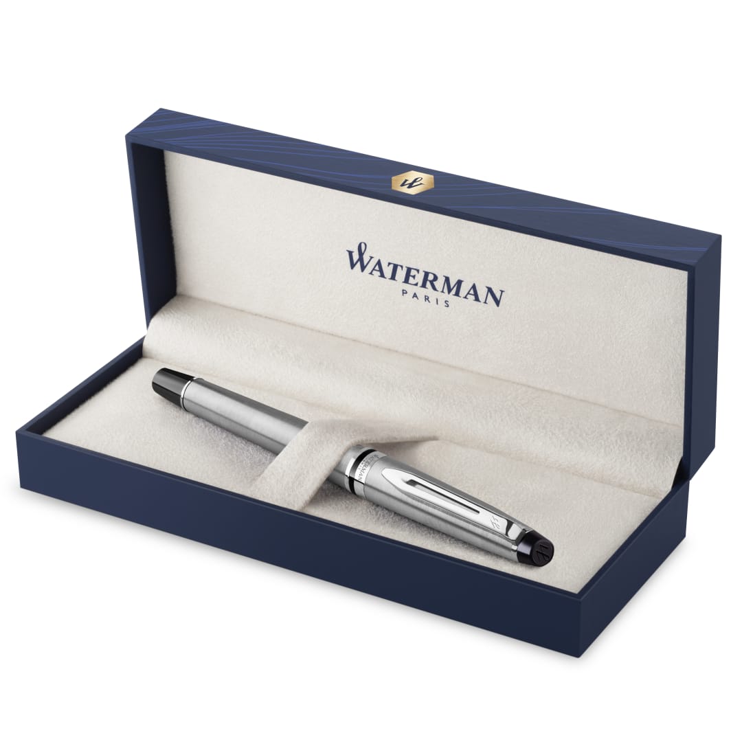 Waterman Expert pluma estilográficaacero inoxidable con adorno cromadoplumín mediano con cartucho de tinta azulestuche de regalo