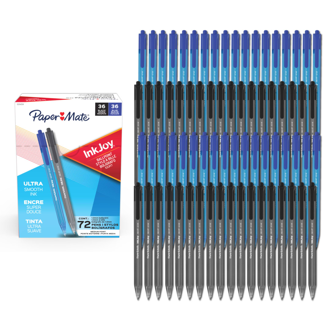 Paper Mate® InkJoy 100RT Ballpoint Pens, Medium Point (1.0mm), Black and Blue Ink, 72 Count