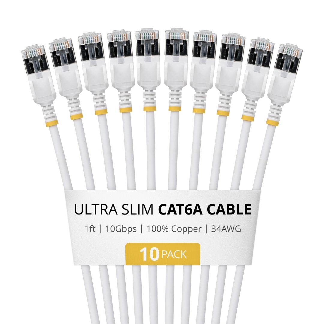 Cat6A STP 34AWG Ultra Slim Patch Cable, White 1ft - 10 Pack