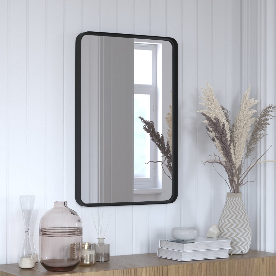 Janinne 20" x 30" Decorative Wall Mirror - Rounded Corners, Bathroom &amp; Living Room Glass Mirror Hangs Horizontal Or Vertical, Matte Black