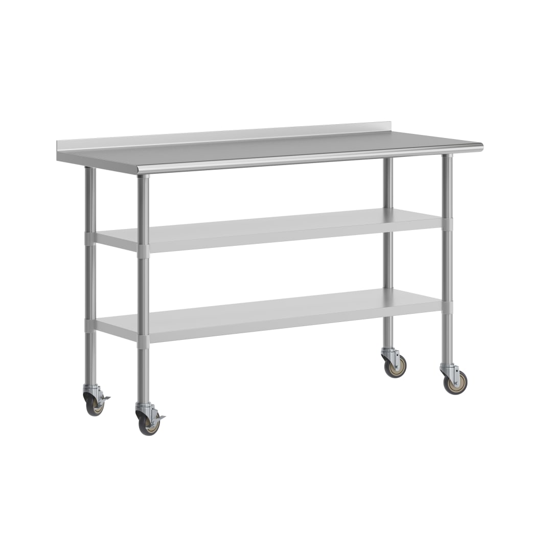 Reese NSF Certified Stainless Steel Prep and Work Table 24"x 60" with 1.5" Backsplash, 2 Galvanized Steel Undershelves and 4 Casters, 2 Locking