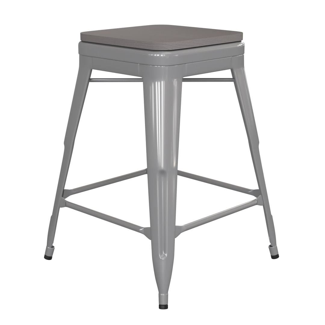 Kai Commercial Grade 24" High Backless Silver Metal Indoor-Outdoor Counter Height Stool with Gray Poly Resin Wood Seat