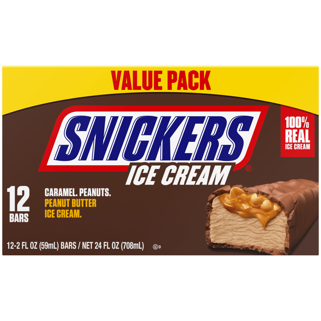 SNICKERS Ice Cream, Chocolatey Caramel Peanut Butter Ice Cream Bars Individually Wrapped Dessert, 12 Pack, 2 Oz Bars