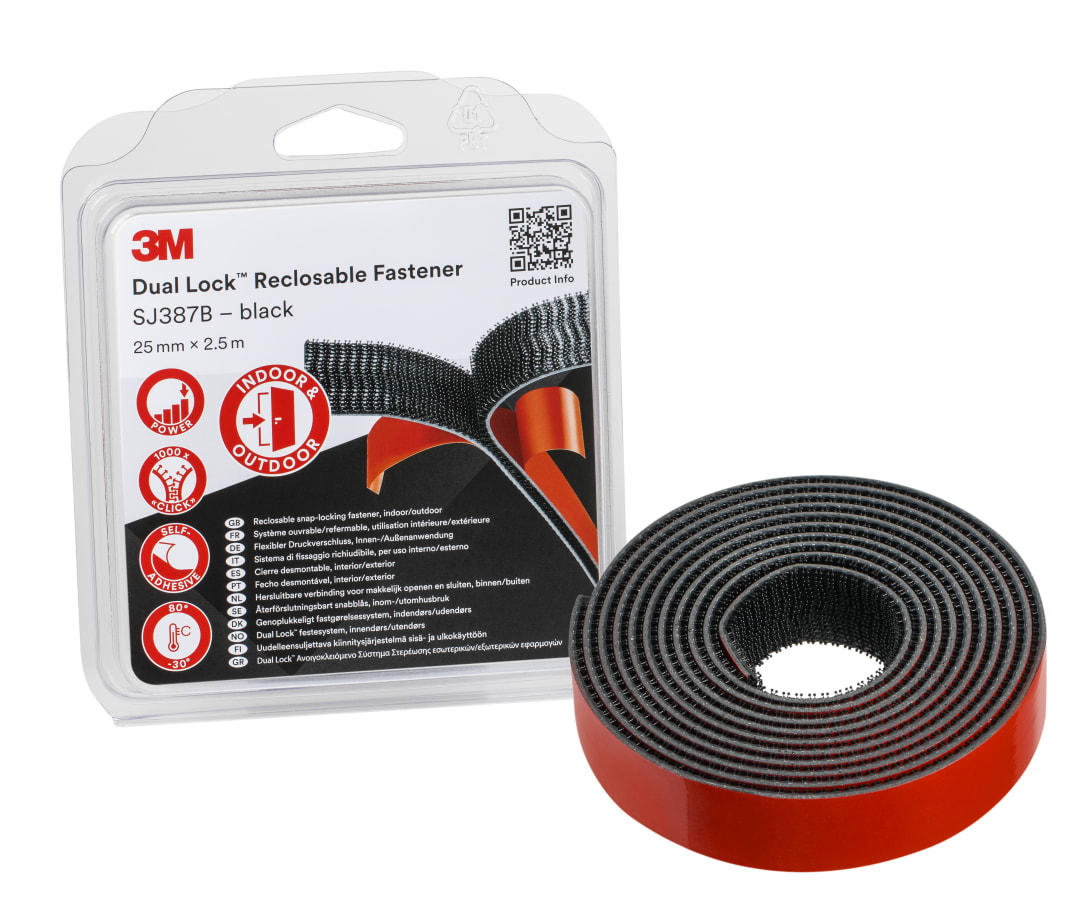 3M™ Dual Lock™ Tekrar Kapatılabilen Bant SJ387B, Siyah, 25 mm x 2.5 m, 6.1 mm