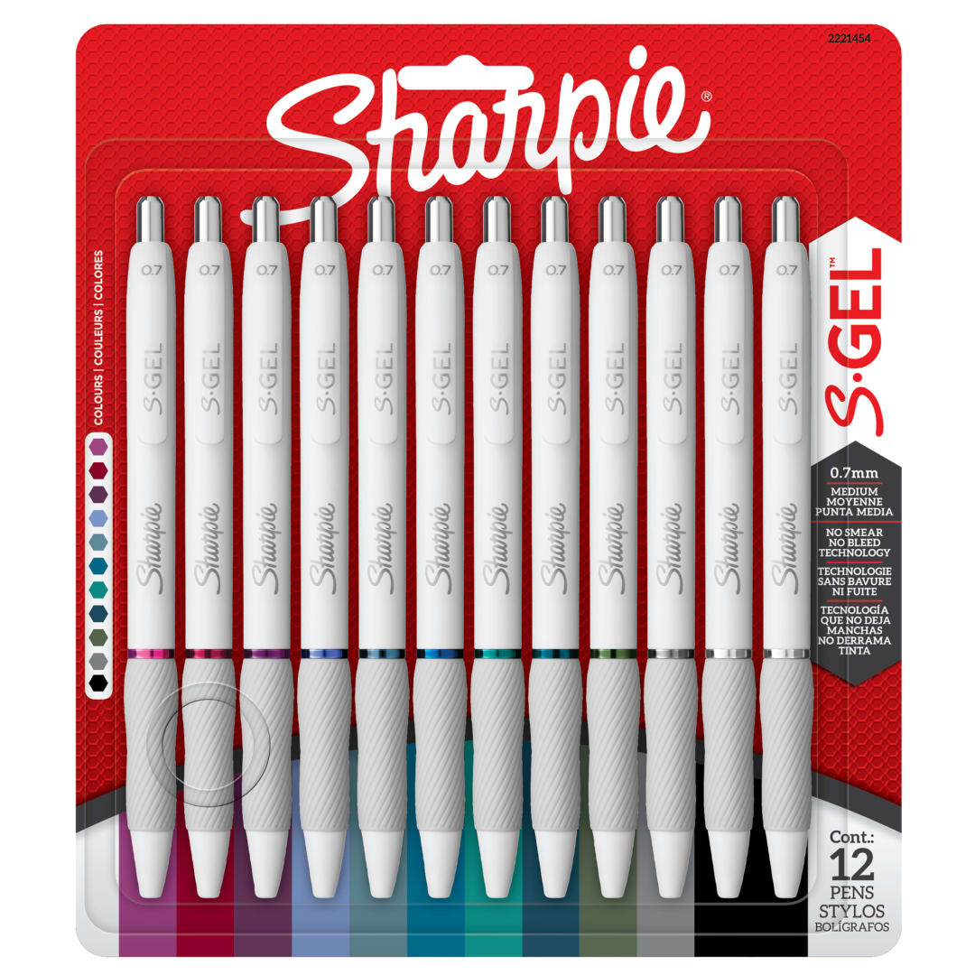 Sharpie® S-Gel Pens, Fashion Barrel Gel Pens, Pearl White Body, Medium (0.7mm) Point, Bold Ink Colors, 12 Count