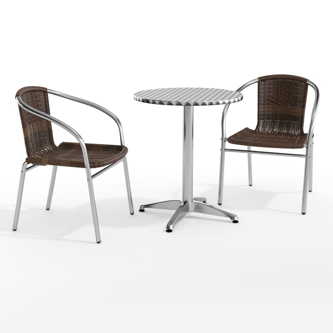 Lila 23.5'' Round Aluminum Indoor-Outdoor Table Set with 2 Dark Brown Rattan Chairs