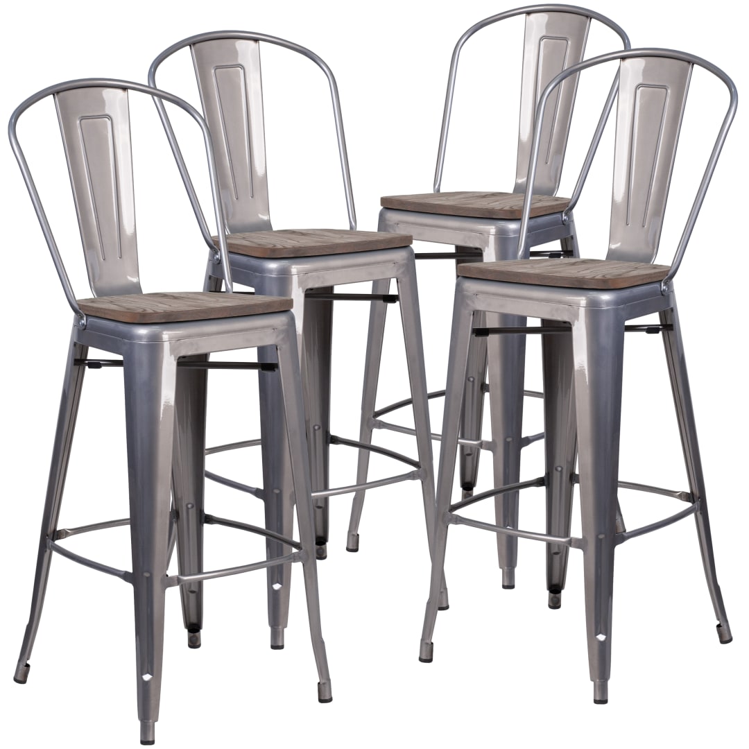 Lincoln 4 Pk. 30" High Silver Antique Finish with Clear Coat Barstool with Back and Wood Seat