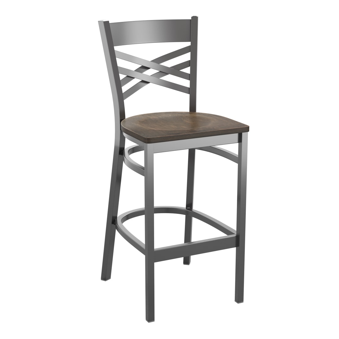 HERCULES Silver Antique Finish with Clear Coat ''X'' Back Metal Restaurant Barstool - Antique Copper Wood Seat