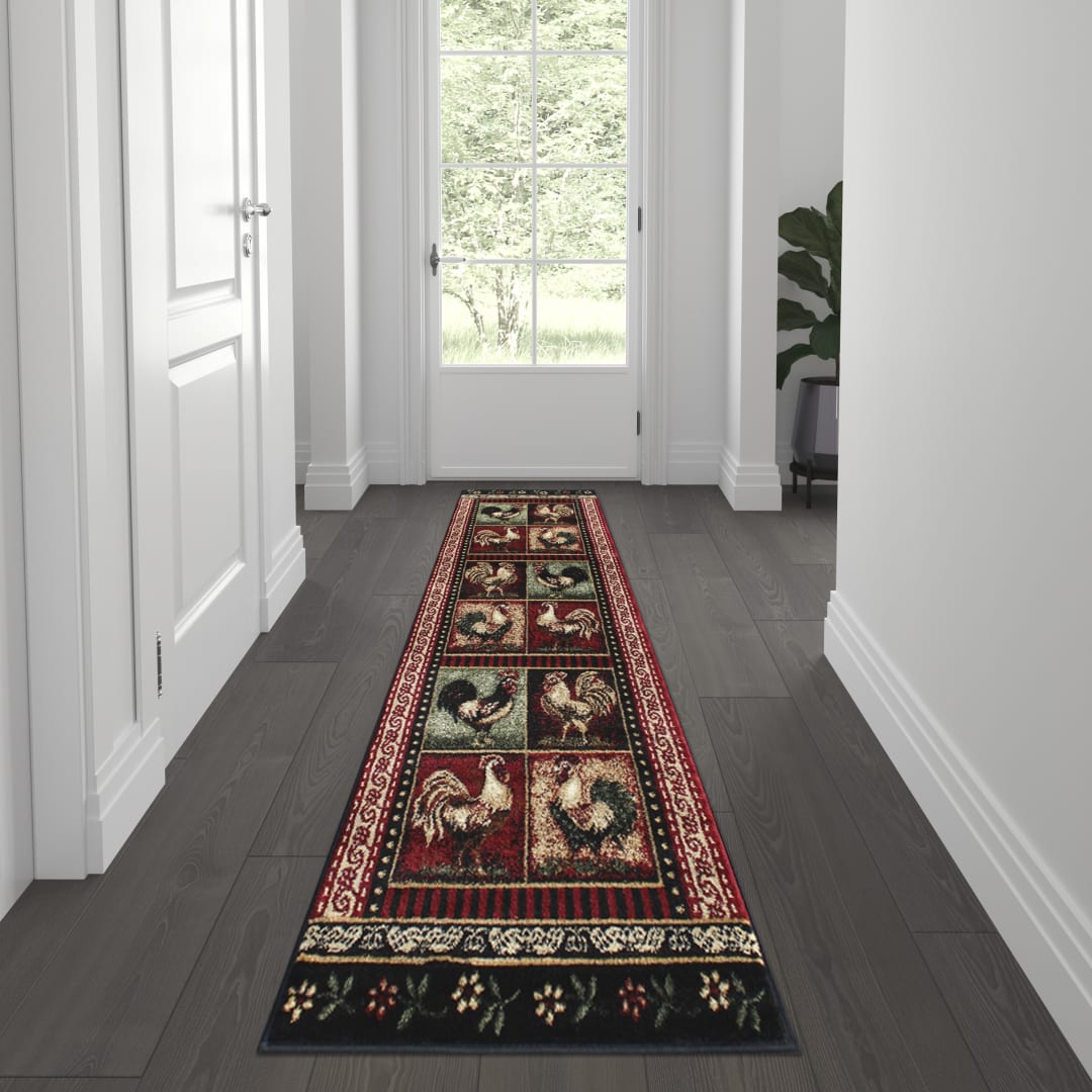 Gallus Collection 2' x 7' Black Rooster Themed Olefin Area Rug with Jute Backing for Kitchen, Living Room, Bedroom