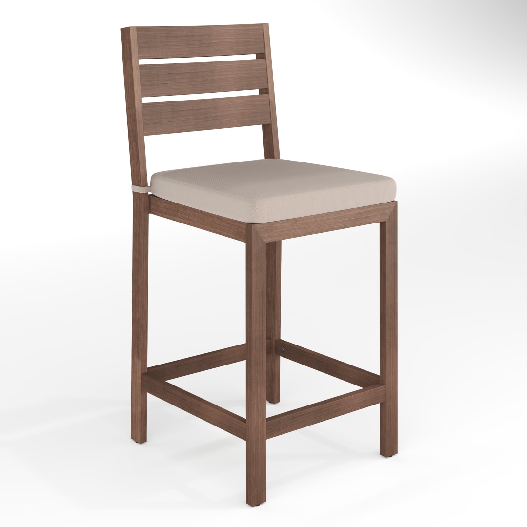 Bedford Set of 2 Indoor-Outdoor Patio Bar Stools with Brown Brushed Woodgrain Aluminum Finish and Cream All-Weather Seat Cushions