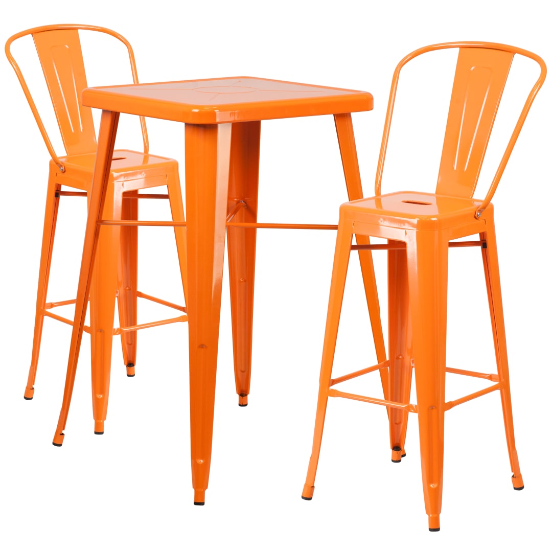 Gable Commercial Grade 23.75" Square Orange Metal Indoor-Outdoor Bar Table Set with 2 Stools with Backs