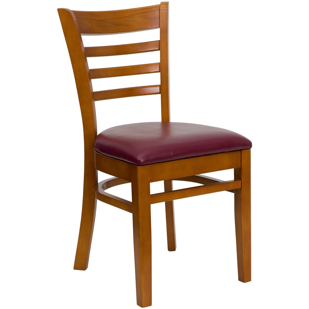 4 Pack HERCULES Series Ladder Back Cherry Wood Restaurant Chair - Burgundy Vinyl Seat