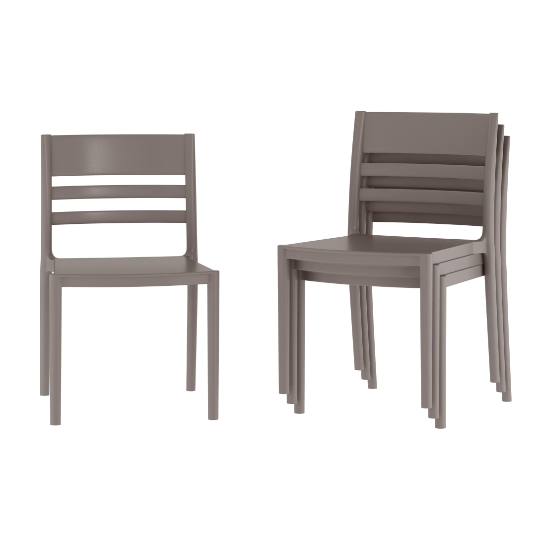 Bridgeport Set of 4 Indoor-Outdoor Stacking Patio Chairs with Slatted Backrest, Commercial All-Weather Resin Chairs in Gray