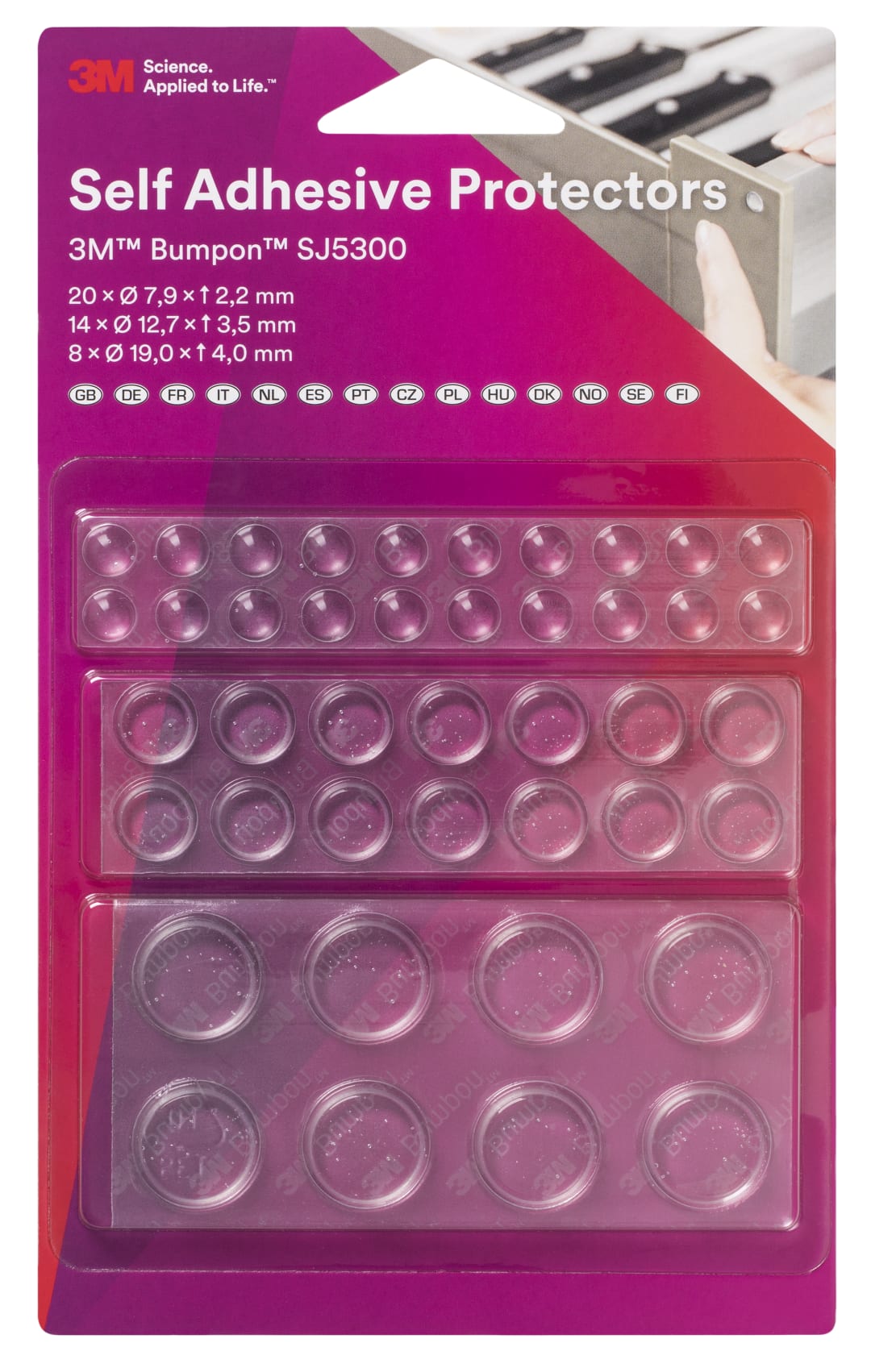 3M™ Bumpon™ SJ5300BL Elastikpuffer Mini-Pack (20x SJ5302, 14x SJ5312, 8x SJ5344), Transparent
