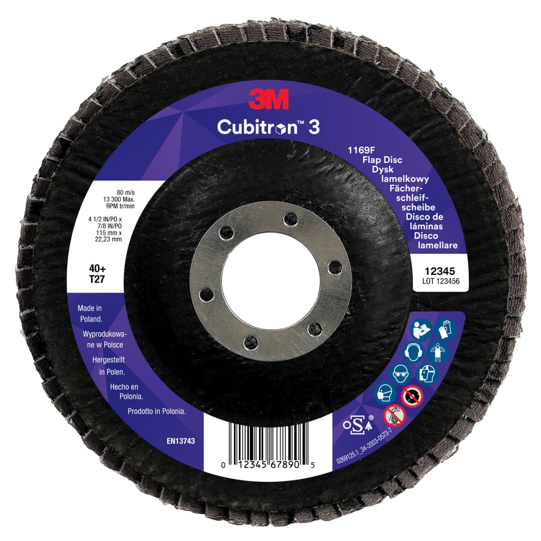 3M™ Cubitron™ 3 Flap Disc 1169F, 40+, T27, 115 mm x 22.23 mm, 10/Pack, 100 ea/Case