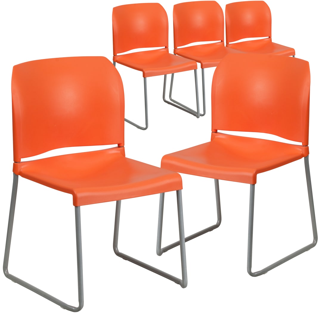 5 Pack HERCULES Series 880 lb. Capacity Orange Full Back Contoured Stack Chair with Gray Powder Coated Sled Base