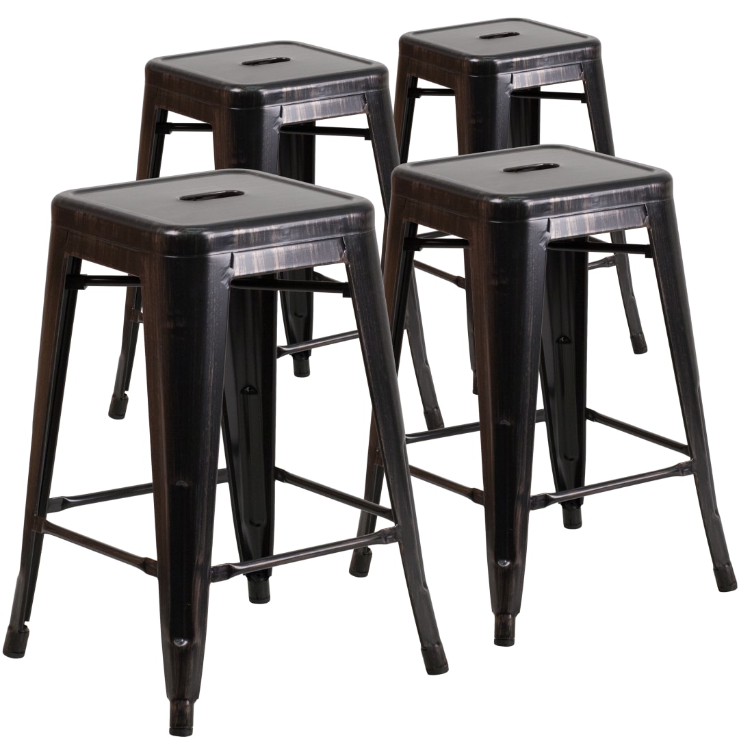 Lily 4 Pack Commercial Grade 24" High Backless Black-Antique Gold Metal Indoor-Outdoor Counter Height Stool with Square Seat