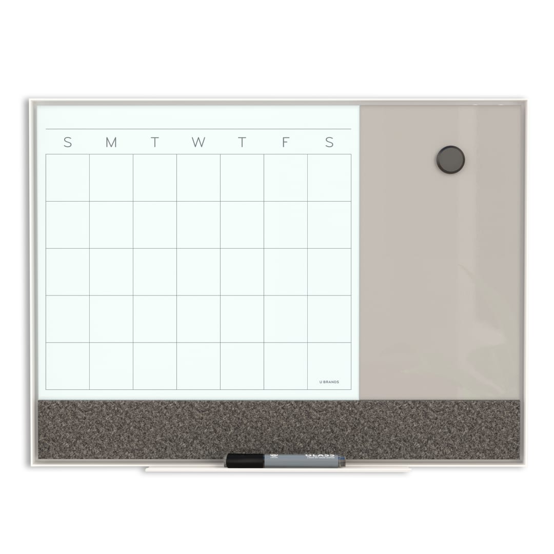 U Brands® Silver Aluminum Frame Magnetic 3-in-1 Glass Dry Erase Calendar Board, 24" x 18" (Actual Size 23" x 17")