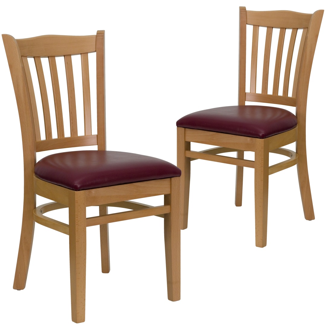 2 Pk. HERCULES Series Vertical Slat Back Natural Wood Restaurant Chair - Burgundy Vinyl Seat