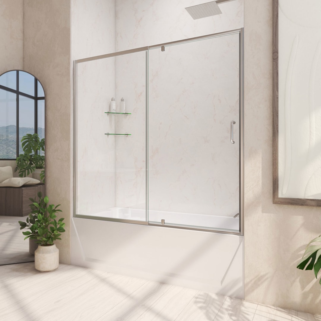 DreamLine Flex 56 - 60 inch W x 58 inch H Semi-Frameless Pivot Tub Door in Brushed Nickel