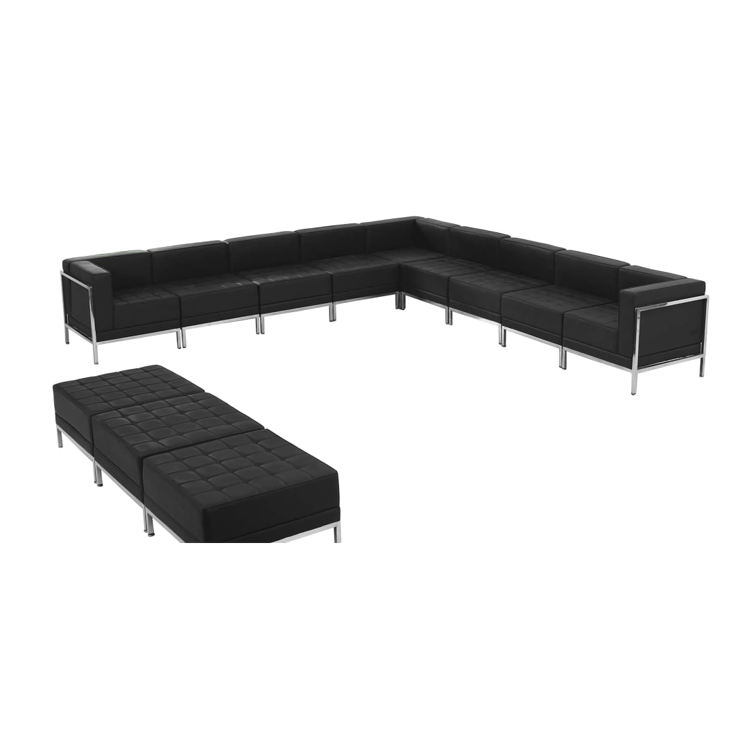 HERCULES Imagination Series Black LeatherSoft Sectional &amp; Ottoman Set with Ganging Clips, 12 Pieces