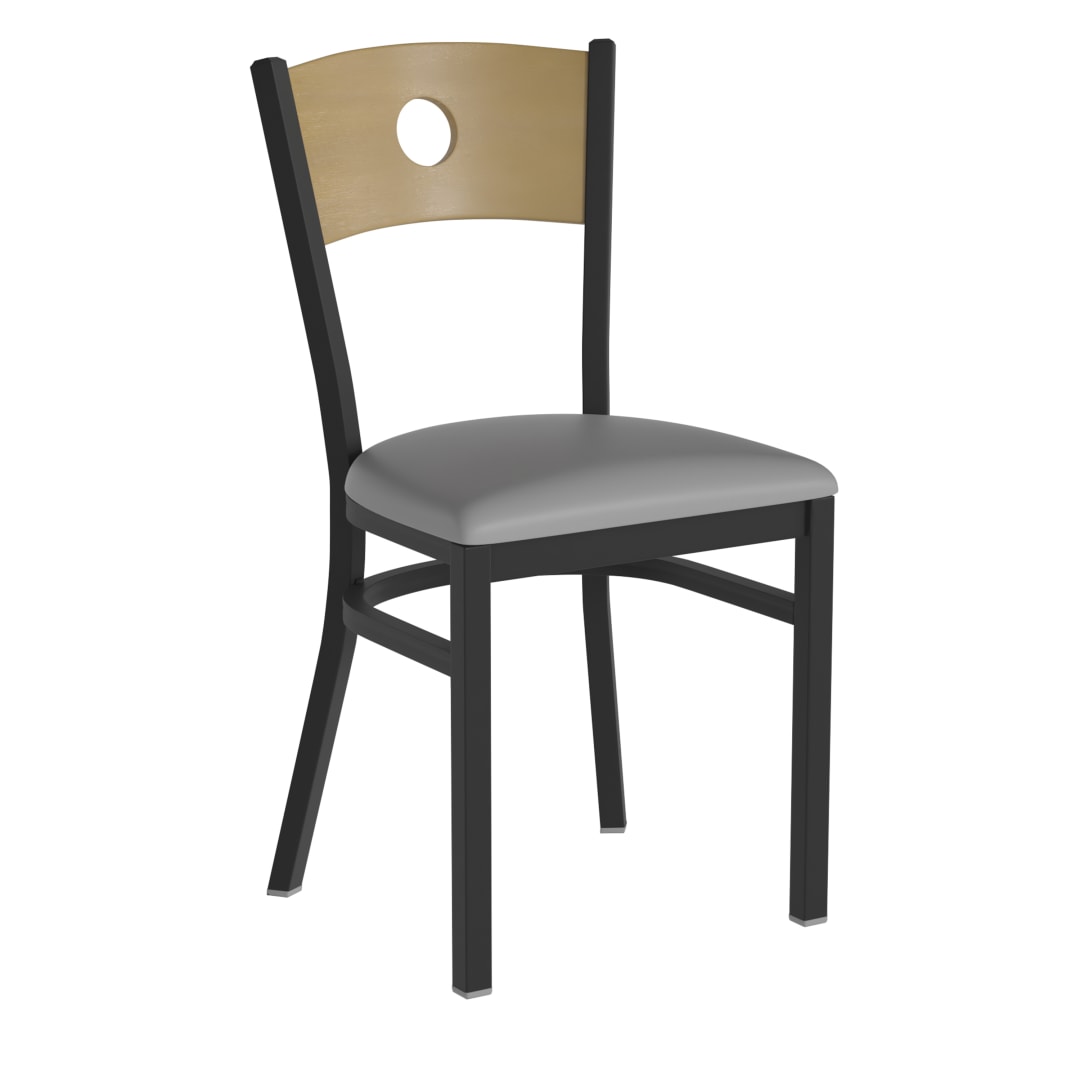 HERCULES Black Circle Back Metal Restaurant Chair - Natural Wood Back, Gray Vinyl Seat