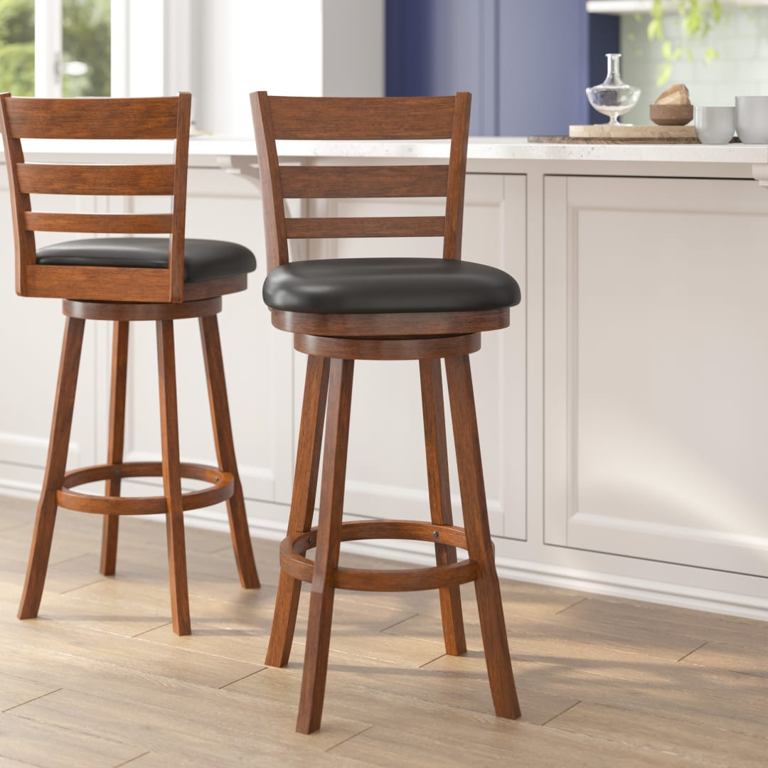 Zerrick Commercial Grade Wood Classic Ladderback Swivel Bar Height Barstool with Padded Black LeatherSoft Seat, Antique Oak