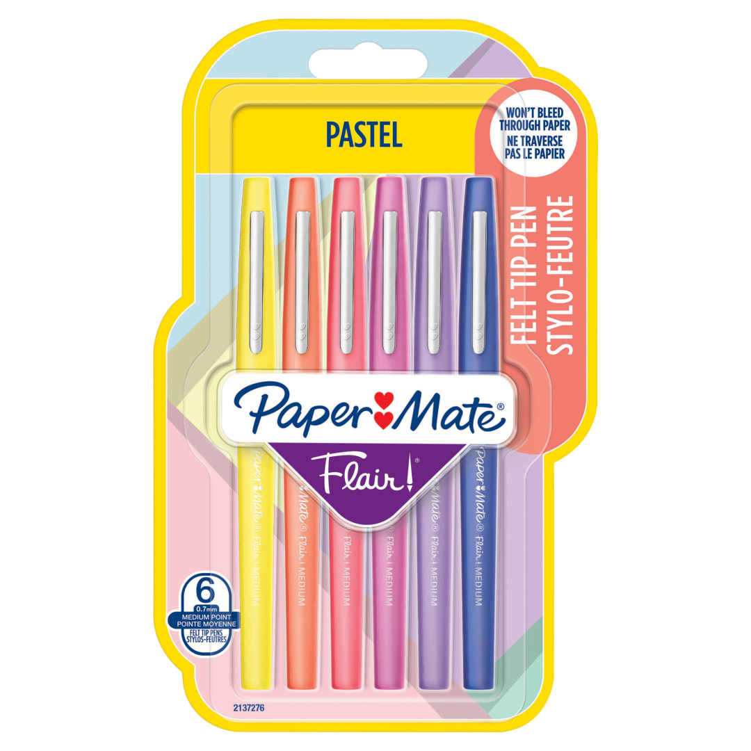 Paper Mate® Flair Felt Tip Pens | Medium Point (0.7mm) | Assorted Pastel Colours | 6 Count