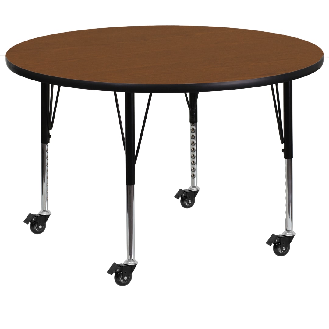 Wren Mobile 42'' Round Oak HP Laminate Activity Table - Height Adjustable Short Legs