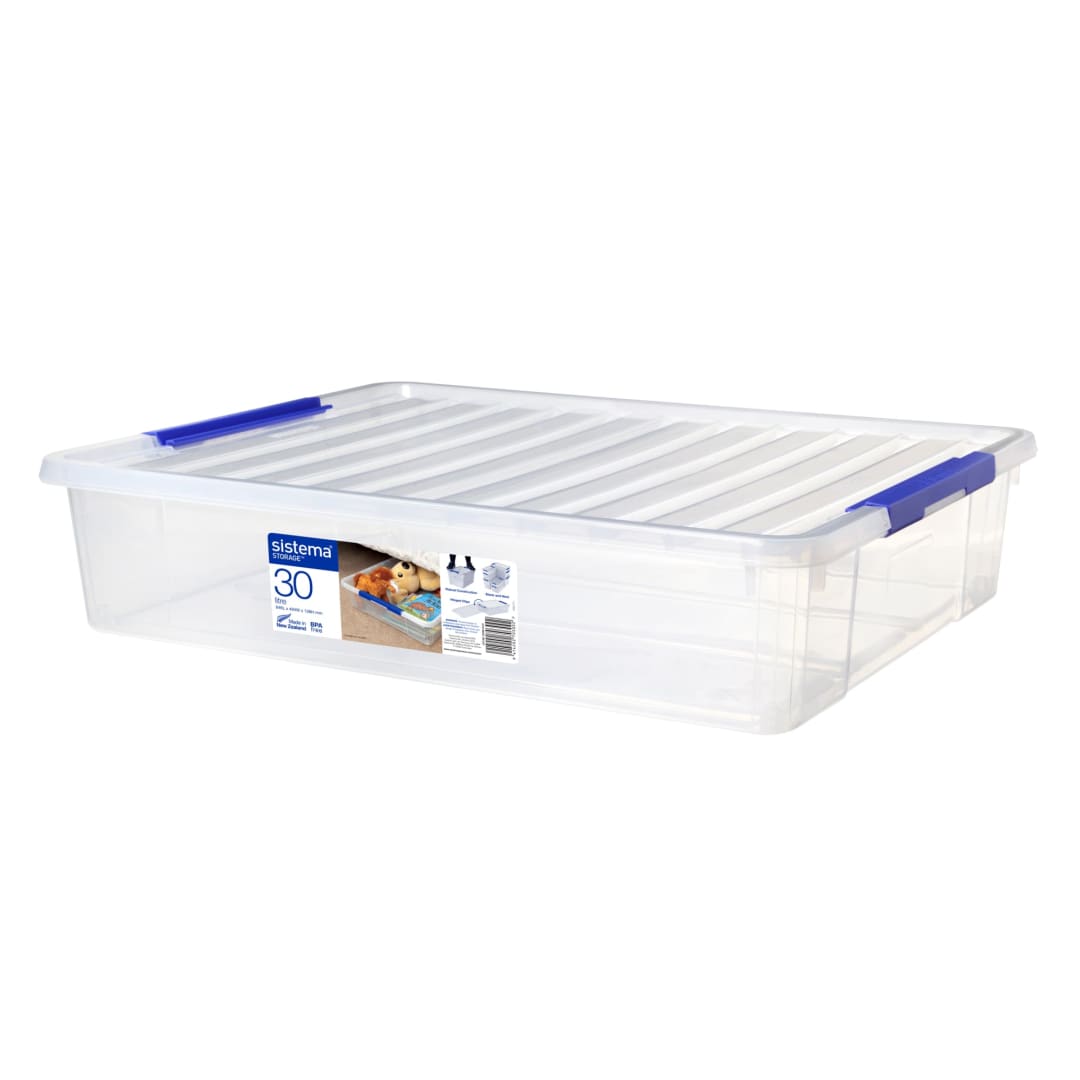 Sistema Plastic Storage Box with Clip-Close Lid | 30 Litres ( 64.6 x 13.8 x 49.5 cm) | Low-Profile Stackable Container Perfect for Garage, Laundry, Bedroom or Office
