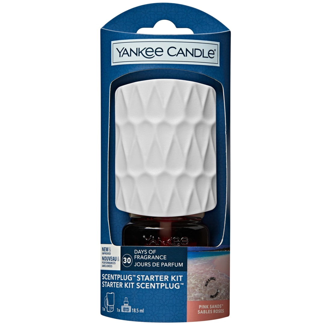 Yankee Candle® ScentPlug Starter Kit | Pink Sands Plug In Air Freshener | Up to 30 Days of Fragrance | White Organic Pattern | UK 3 pin plug