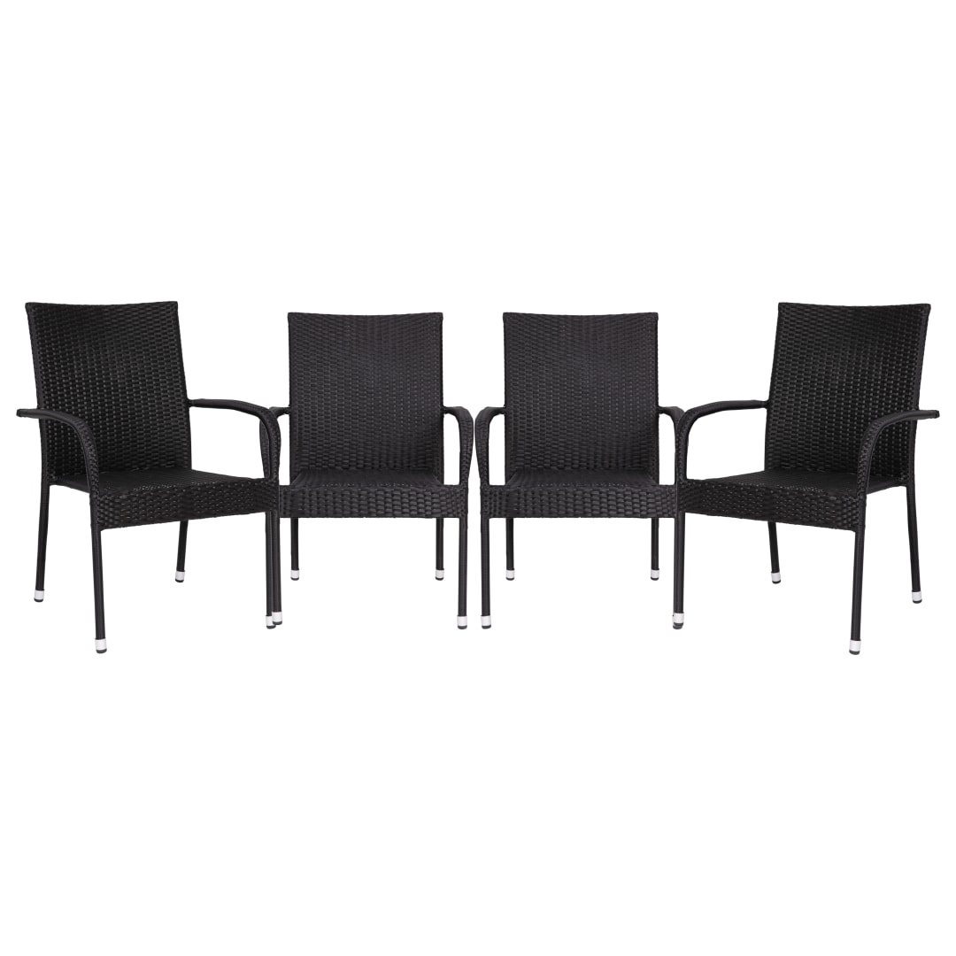 Maxim Set of 4 Stackable Indoor/Outdoor Wicker Dining Chairs with Arms - Fade & Weather-Resistant Steel Frames - Black