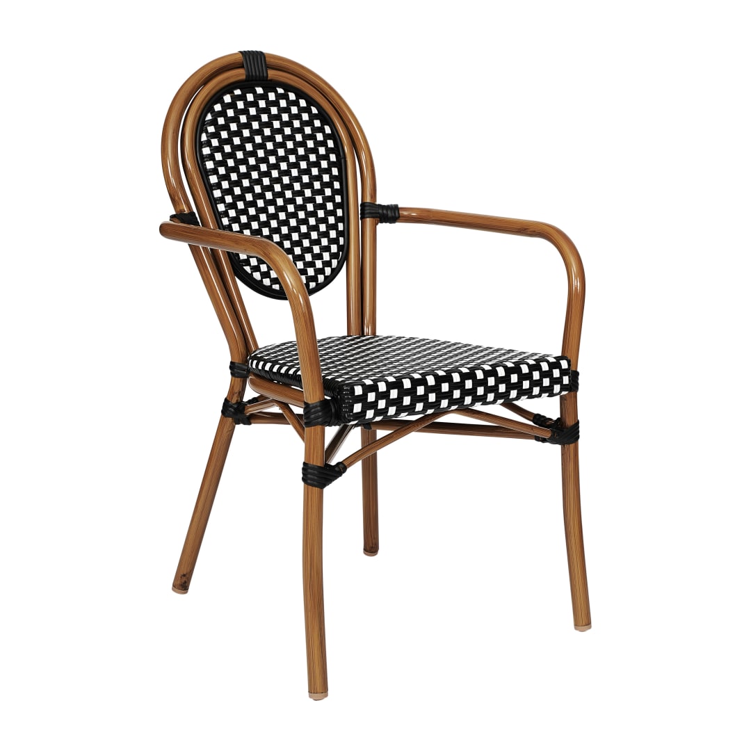 Lourdes Indoor/Outdoor Commercial Thonet Bistro Stacking Chair with Arms, Black and White PE Rattan and Bamboo Print Aluminum Frame