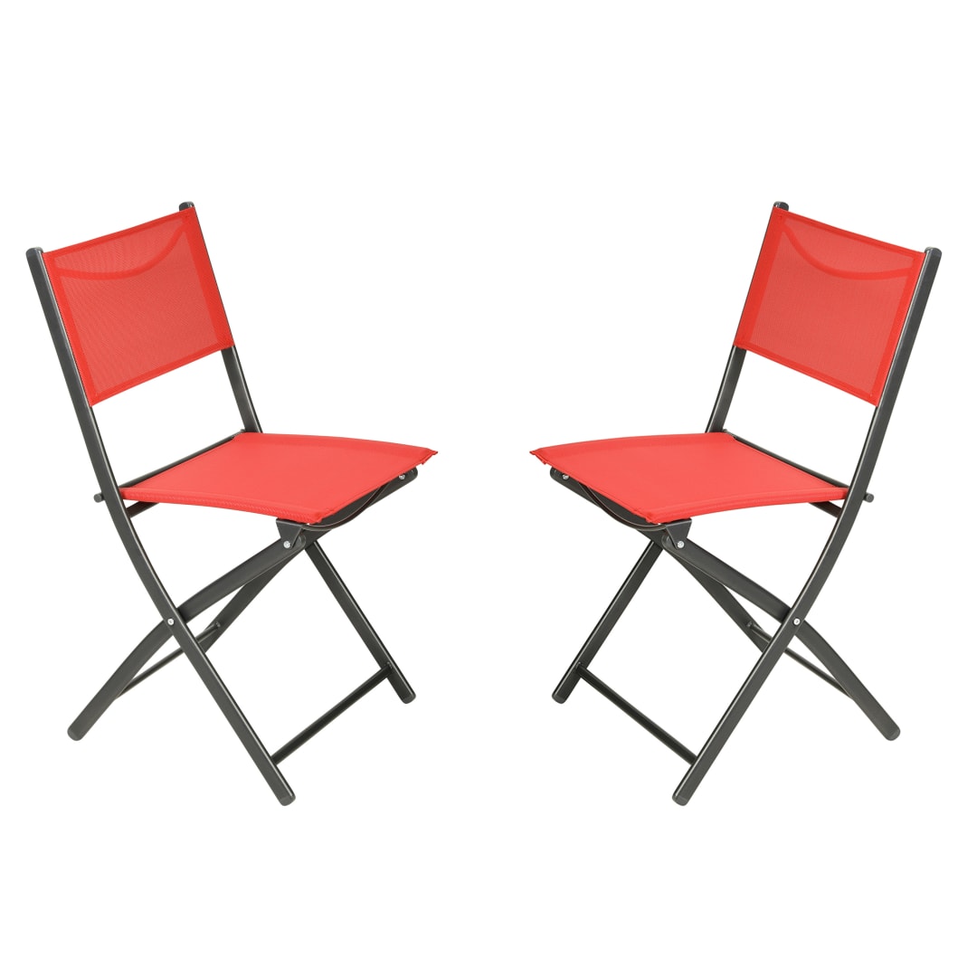 Brazos Set of 2 Commercial Grade Indoor/Outdoor Folding Chairs with Red Flex Comfort Material Backs and Seats and Black Metal Frames