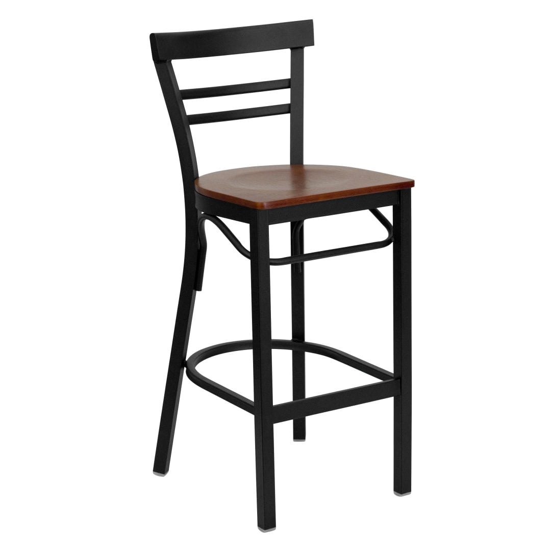 HERCULES Series Black Two-Slat Ladder Back Metal Restaurant Barstool - Cherry Wood Seat