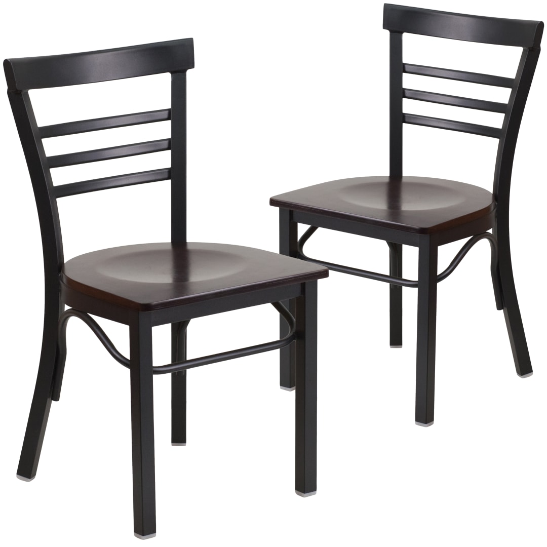 2 Pack HERCULES Series Black Three-Slat Ladder Back Metal Restaurant Chair - Walnut Wood Seat
