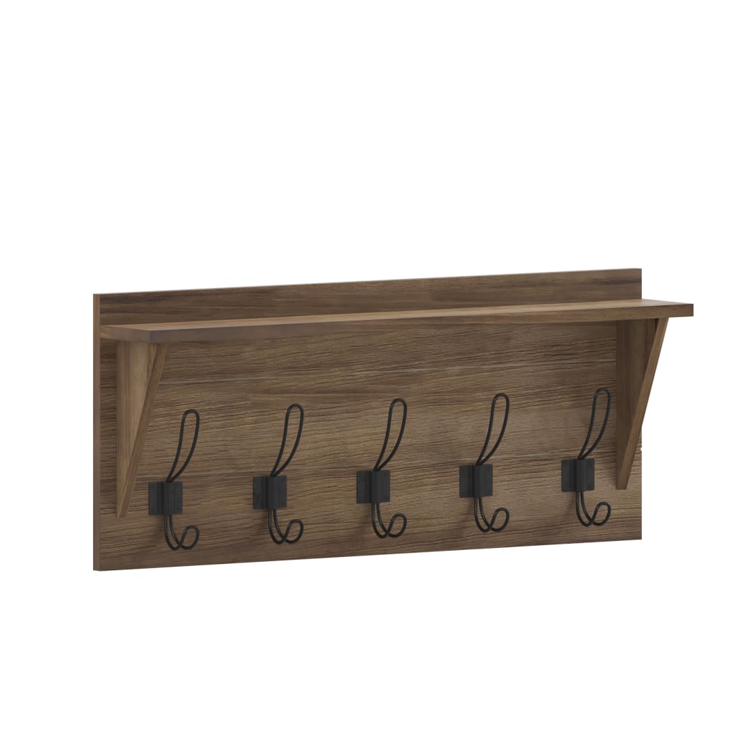 Daly Wall Mounted 24 Inch Solid Pine Wood Storage Rack with Upper Shelf and 5 Hooks For Entryway, Kitchen, Bathroom, Rustic Brown