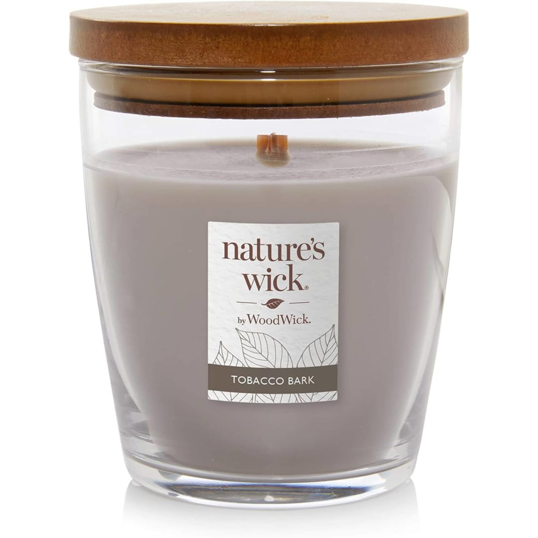 WoodWick® Nature's Wick Tobacco Bark Scented Candle, 10oz with Wooden Lid, Crackles at it Burns, Fall